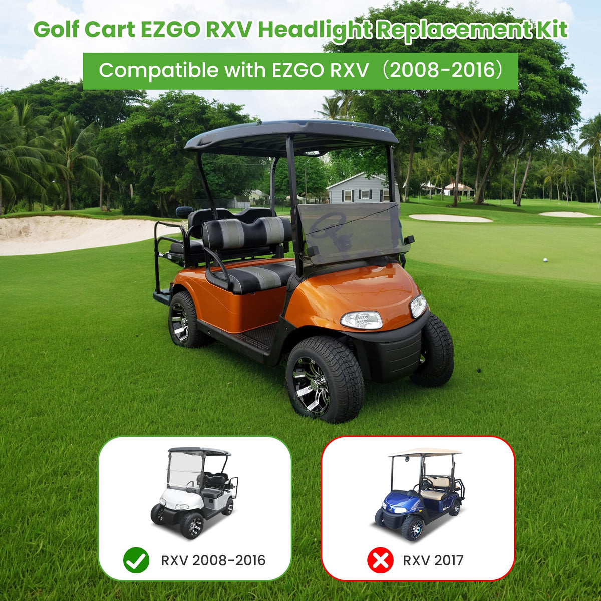 12V headlight kit for EZGO RXV delivers consistent power with minimal drain.
