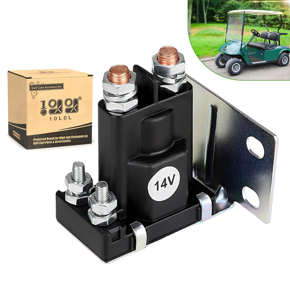 10L0L 14V golf cart solenoid front view with durable construction for dependable starts