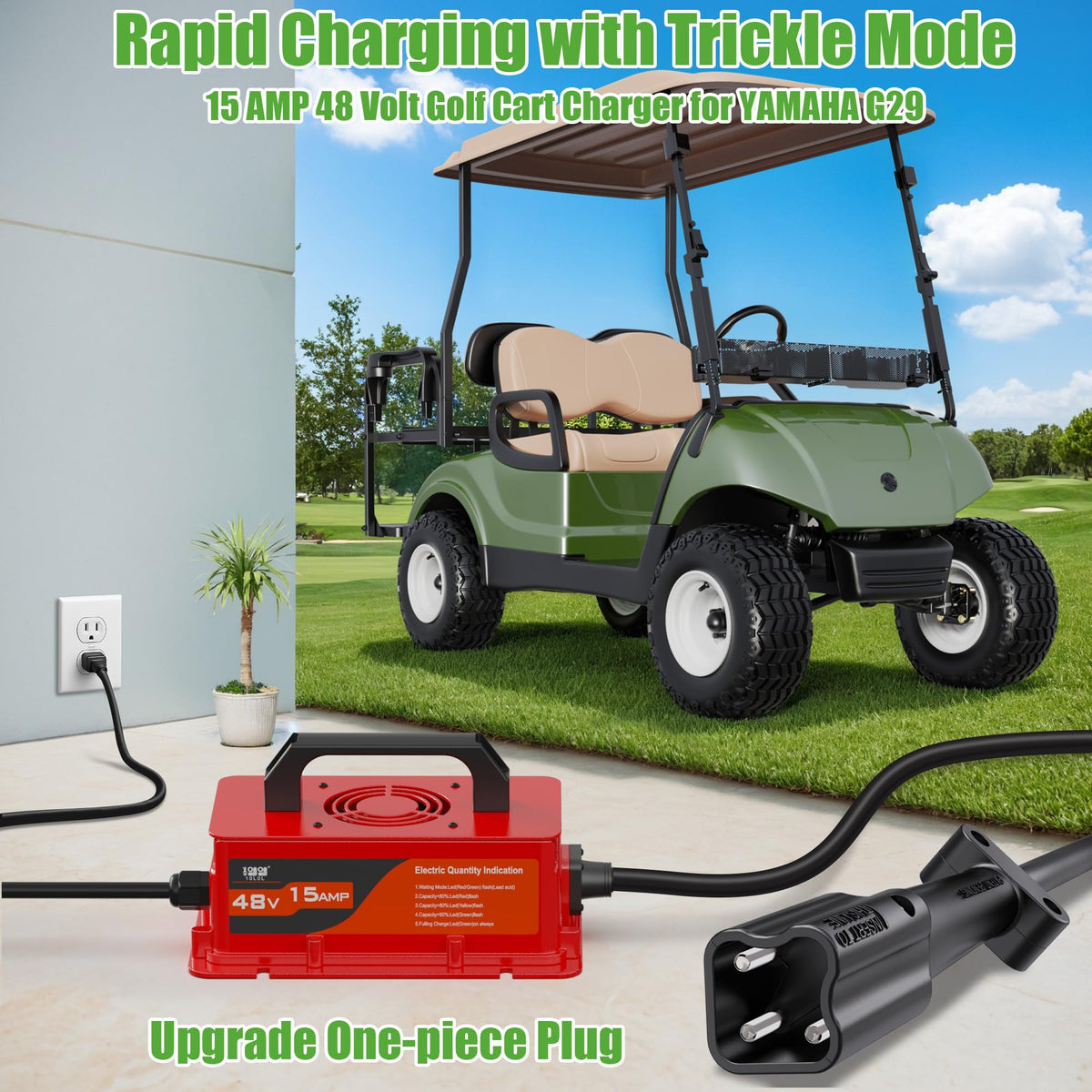10L0L 15 Amp charger with visible cooling system preventing overheating during use.
