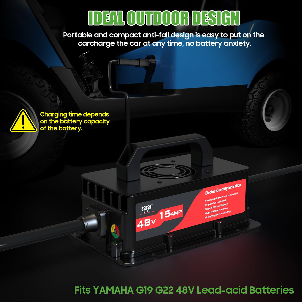 10L0L 15A charger 16 ft cord enables easy positioning