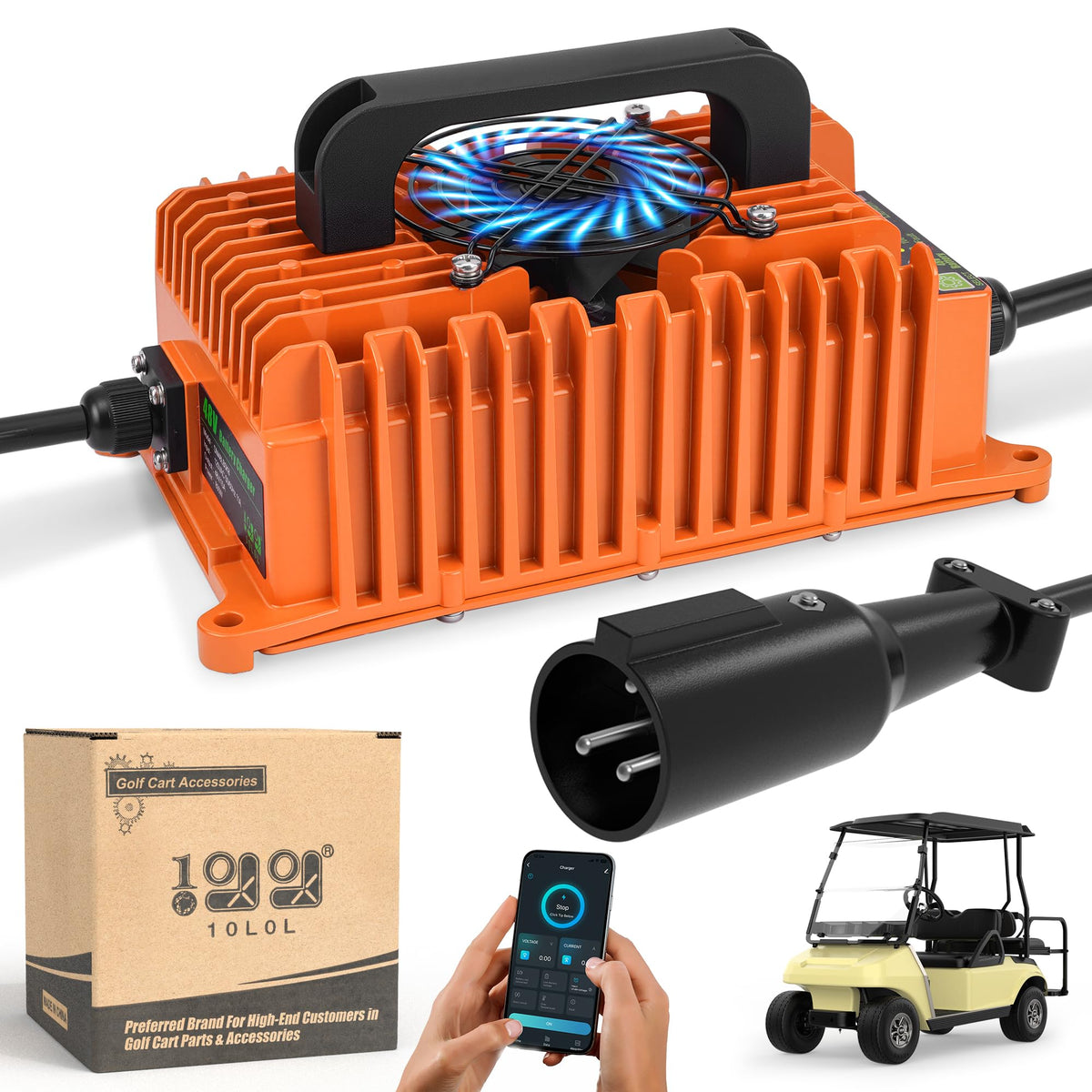 10L0L charger orange front view for outdoor golf cart use.