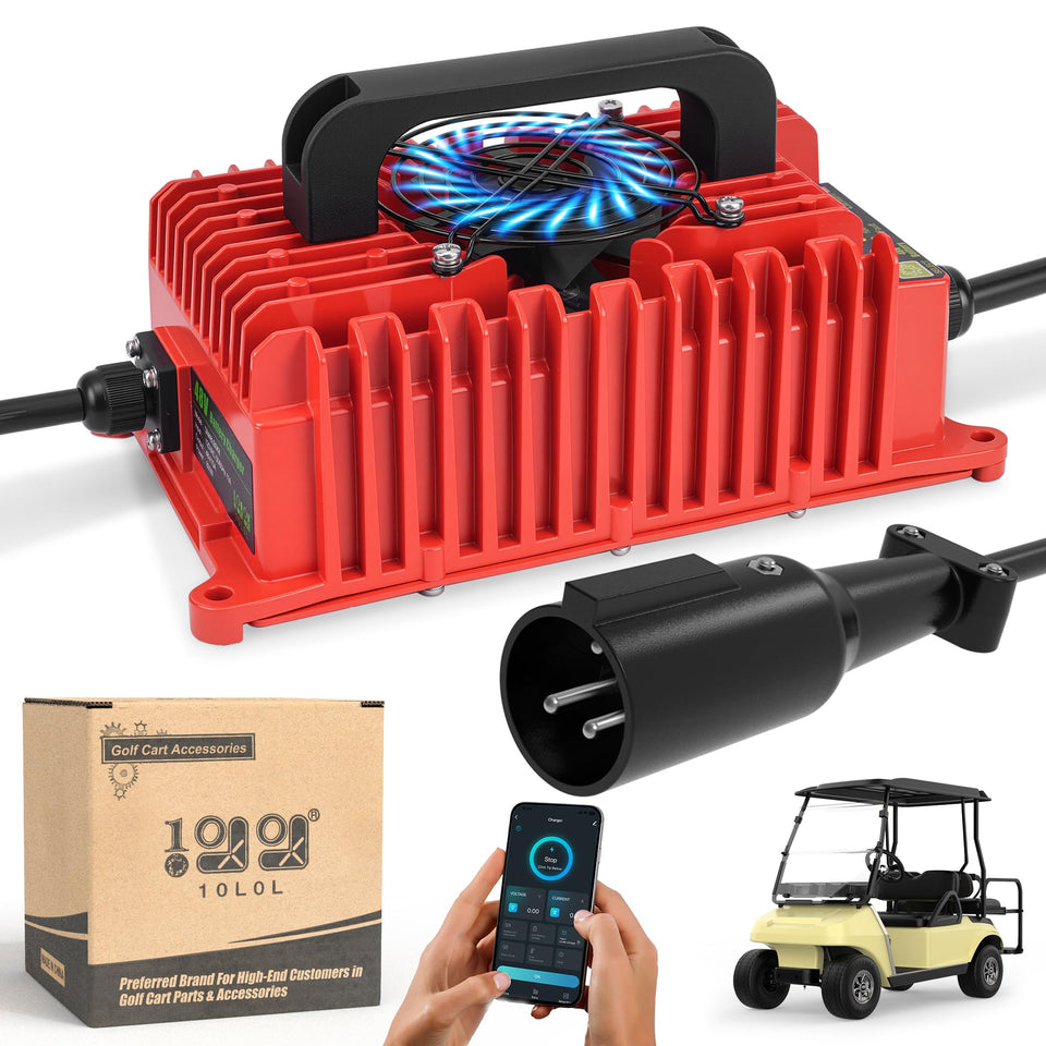 The 10L0L 48V golf cart charger front view highlights fast charging capability