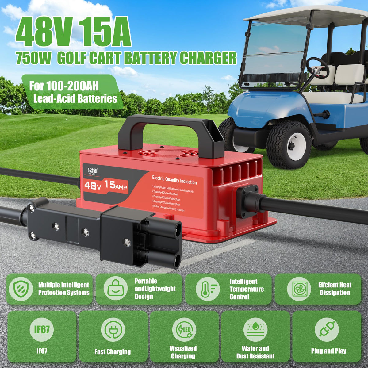 10L0L 15A fast charge for 48V lead-acid carts with smart trickle maintenance
