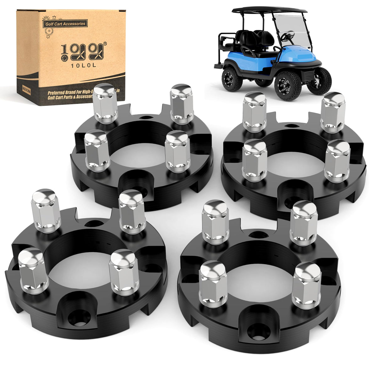 10L0L 1inch golf cart spacer kit package view showing components and finish