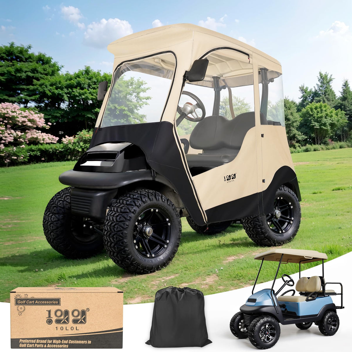 10L0L 2-Passenger golf cart enclosure with side mirror openings protects mirrors during rides