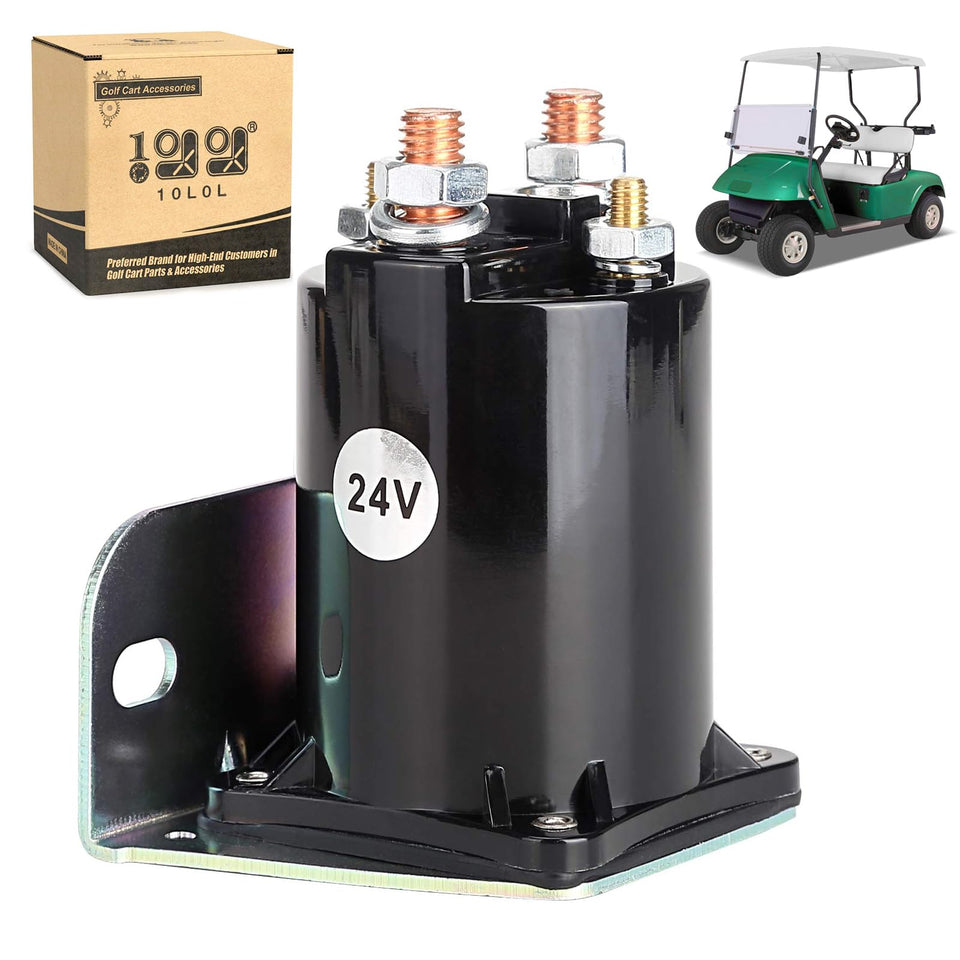 10L0L 24V golf cart solenoid front view showing rugged build for EZGO compatibility.