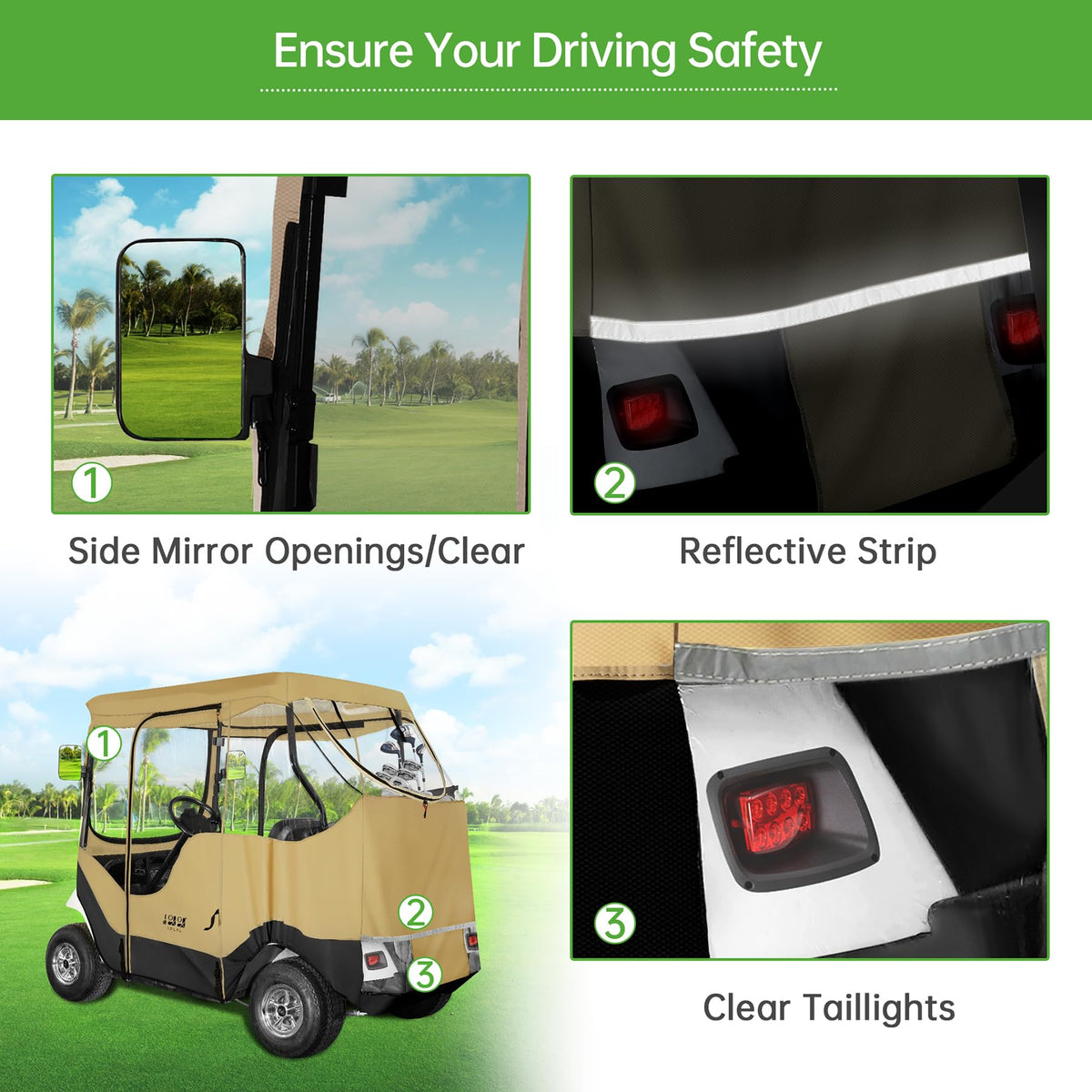10L0L 2P golf cart enclosure clear PVC windows maximize 360° visibility for EZGO TXT/RXV.