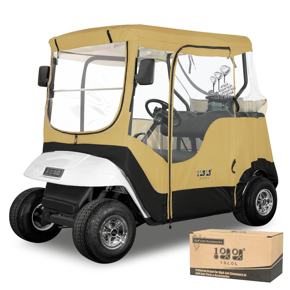 10L0L 2P golf cart enclosure front view shows weather protection for EZGO TXT/RXV.