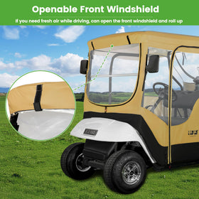 10L0L 2P golf cart enclosure interior view highlights panoramic clear PVC visibility.