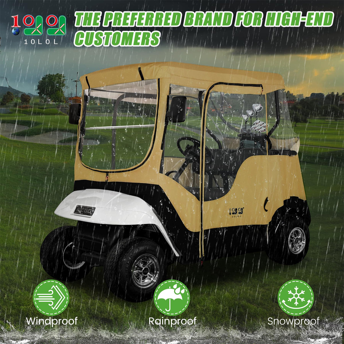 10L0L 2P golf cart enclosure side view demonstrates ventilation through rolled-up window.