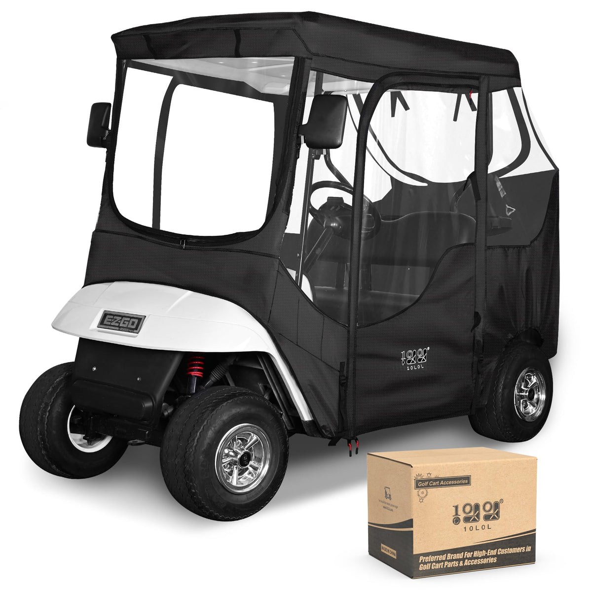 10L0L golf cart enclosure with four-sided clear windows for rain protection and visibility.