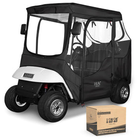 10L0L golf cart enclosure with four-sided clear windows for rain protection and visibility.