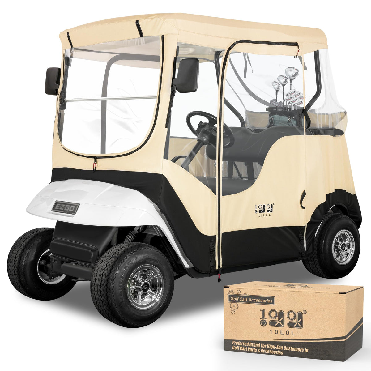 10L0L golf cart enclosure front view with clear visibility for safe reversing
