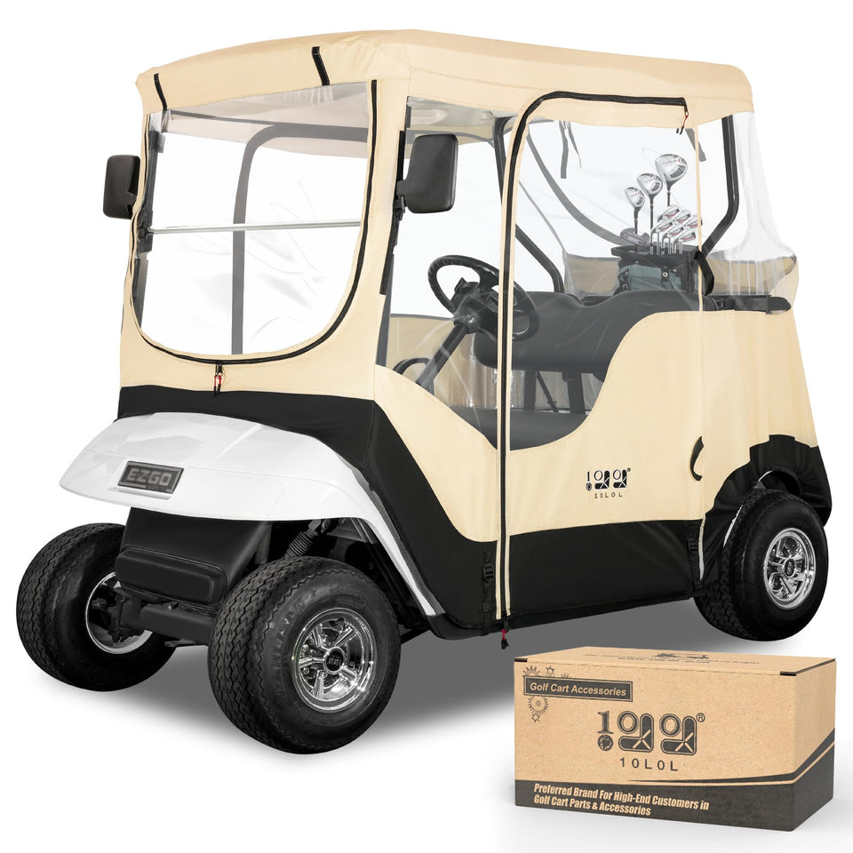 10L0L golf cart enclosure front view with clear visibility for safe reversing
