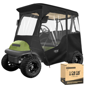 10L0L 2-seat golf cart enclosure front view shows rain protection and visibility