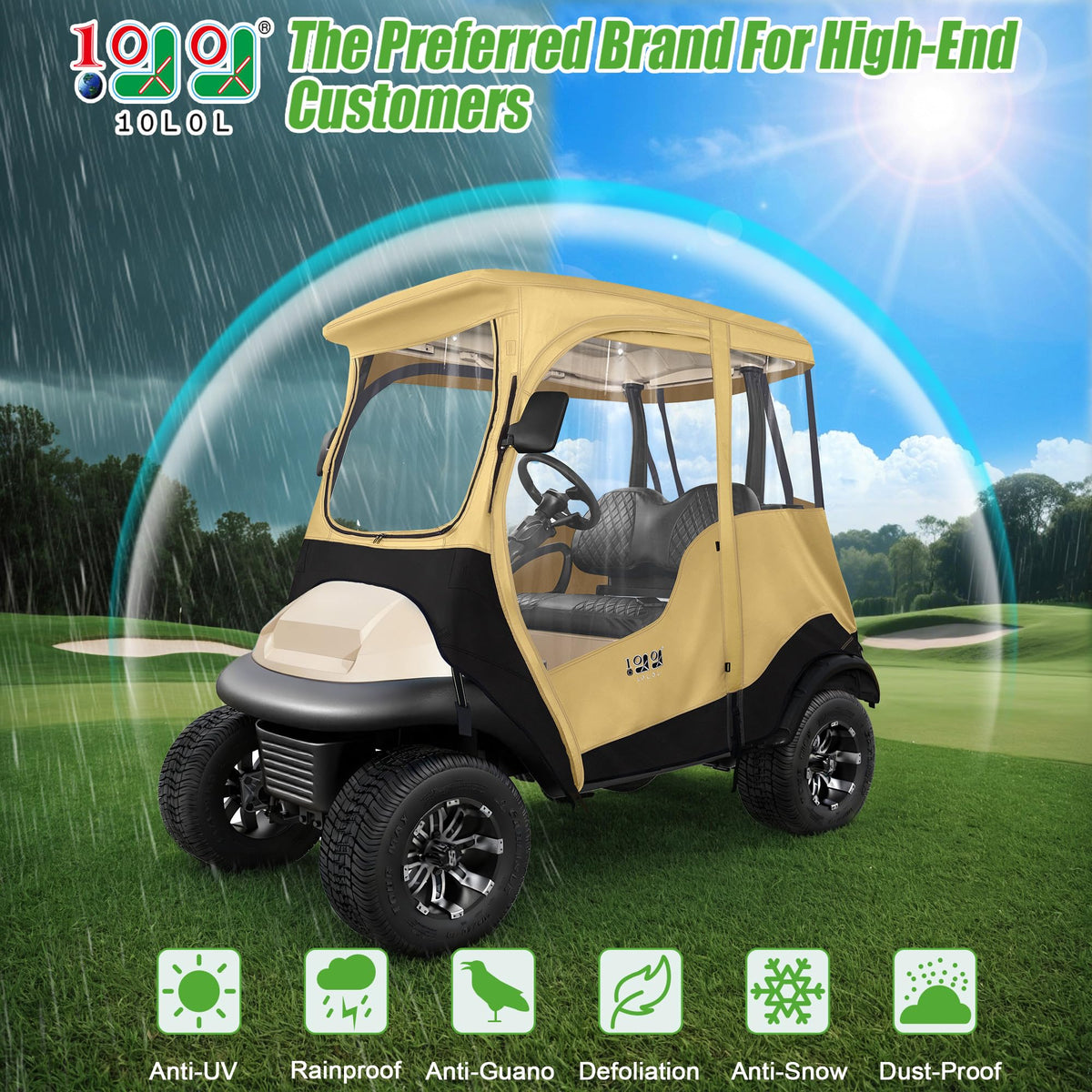 10L0L 2P golf cart enclosure side view shows easy entry and secure fit