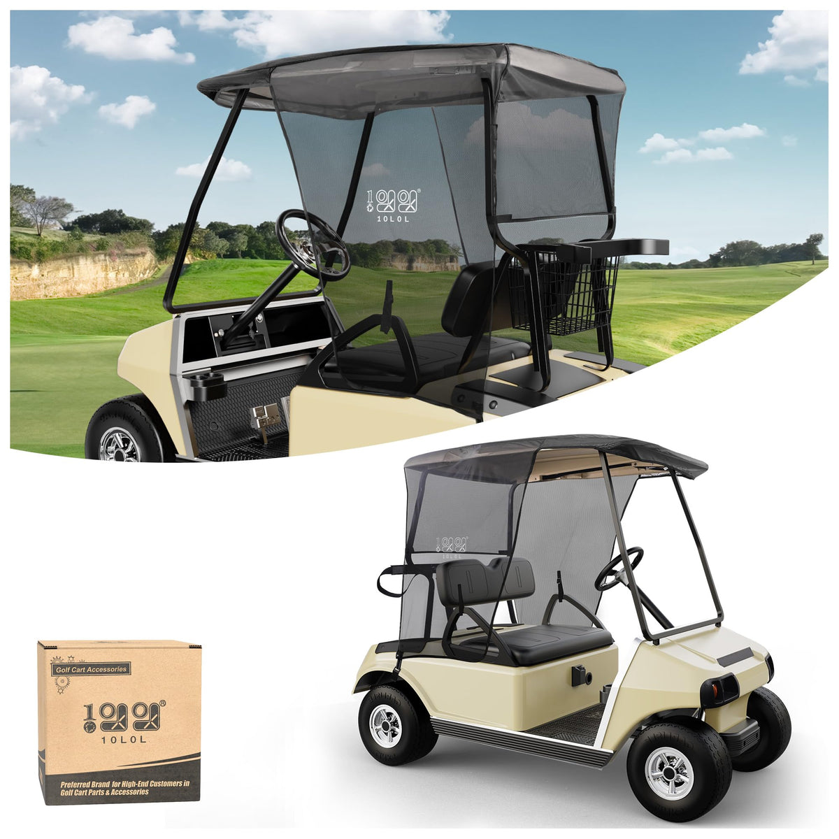 10L0L 2P sun shade cover on EZGO TXT RXV front view reduces glare and heat