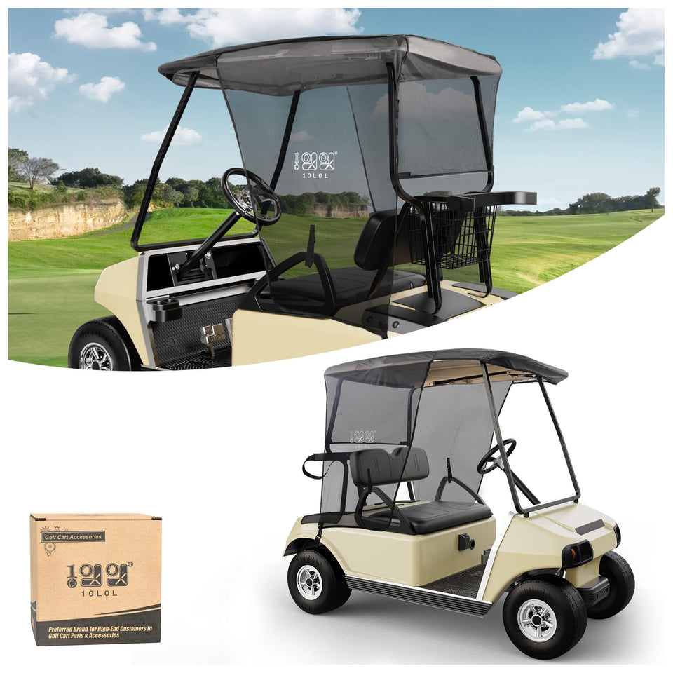 10L0L 2P sun shade cover on EZGO TXT RXV front view reduces glare and heat