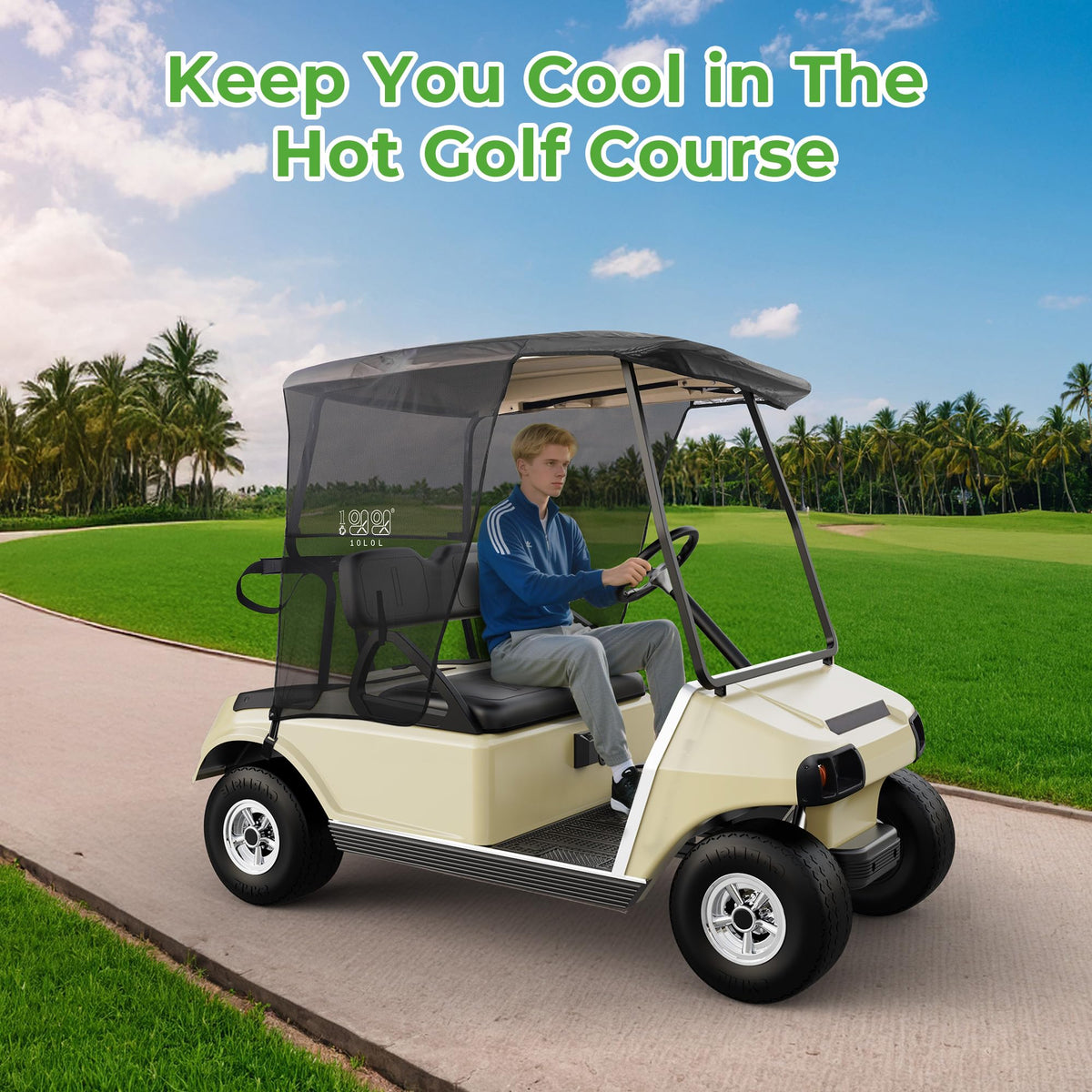 10L0L 2P sun shade cover on Club Car DS Precedent Tempo rear view blocks sun