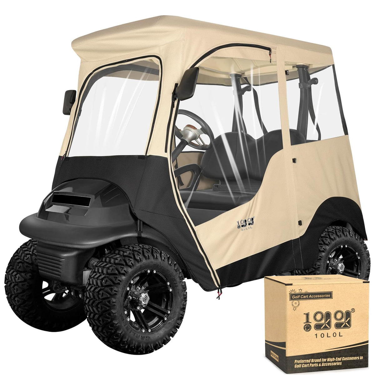 10L0L 2 Passenger Golf Cart Enclosure front view provides beige all-weather protection