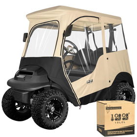 10L0L 2 Passenger Golf Cart Enclosure front view provides beige all-weather protection