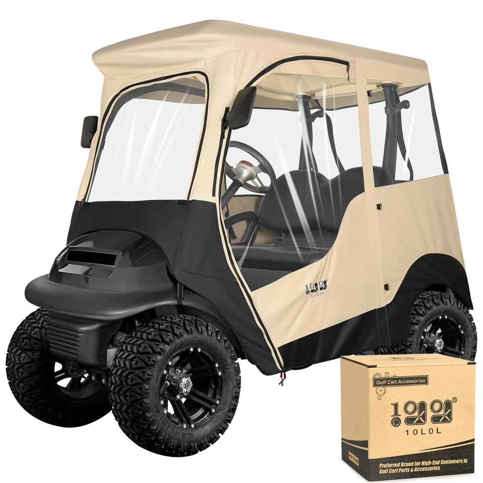 10L0L 2 Passenger Golf Cart Enclosure front view provides beige all-weather protection