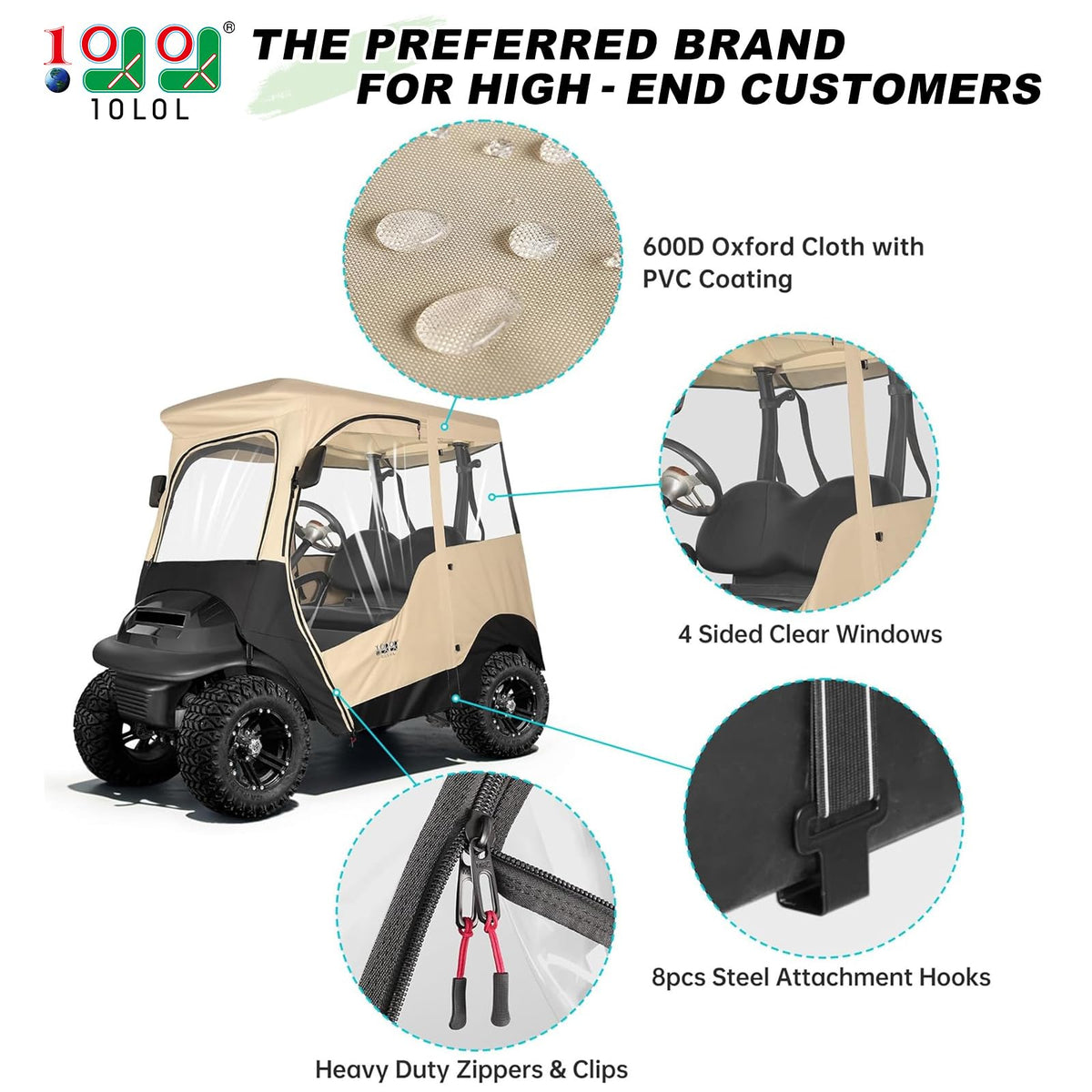 10L0L 2 Passenger Golf Cart Enclosure side view shows clear window visibility for safe driving