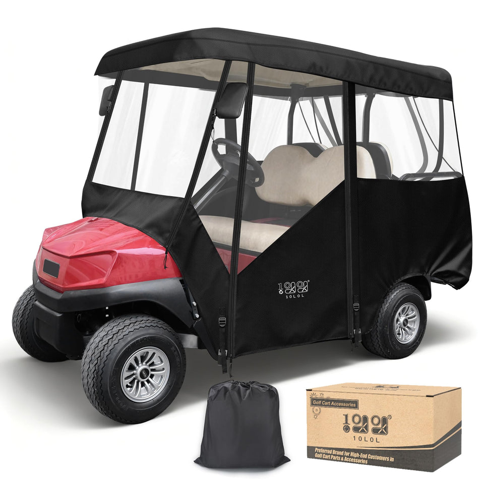 10L0L 2+2 passenger golf cart enclosure with clear 360° view for safe reversing.