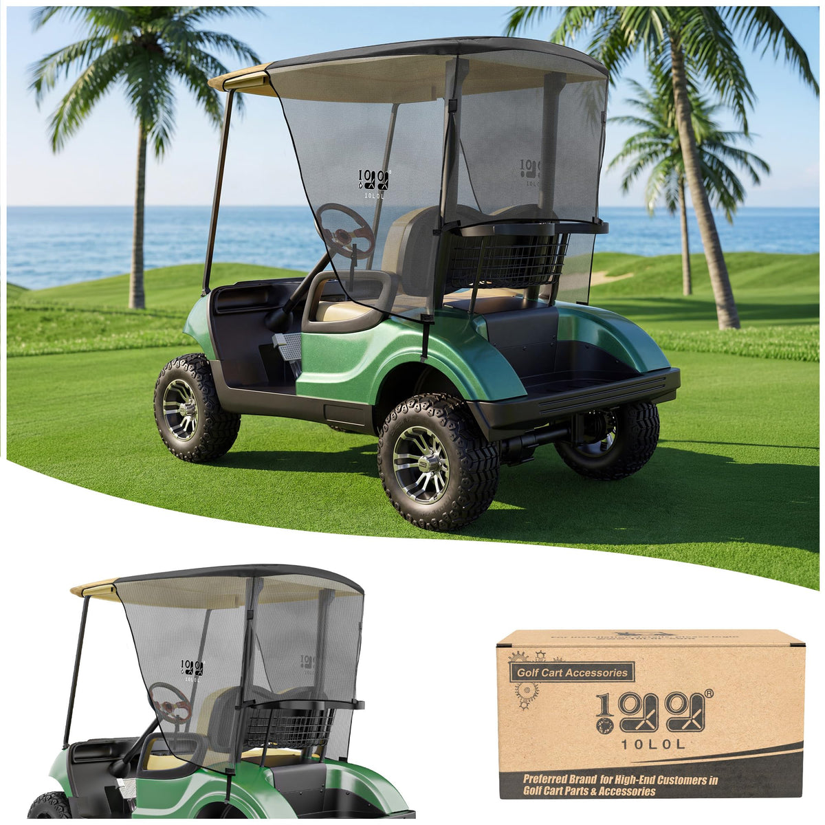 10L0L 2-pax golf cart sun shade cover on Yamaha G29 Drive2; beige, provides cooling shade.