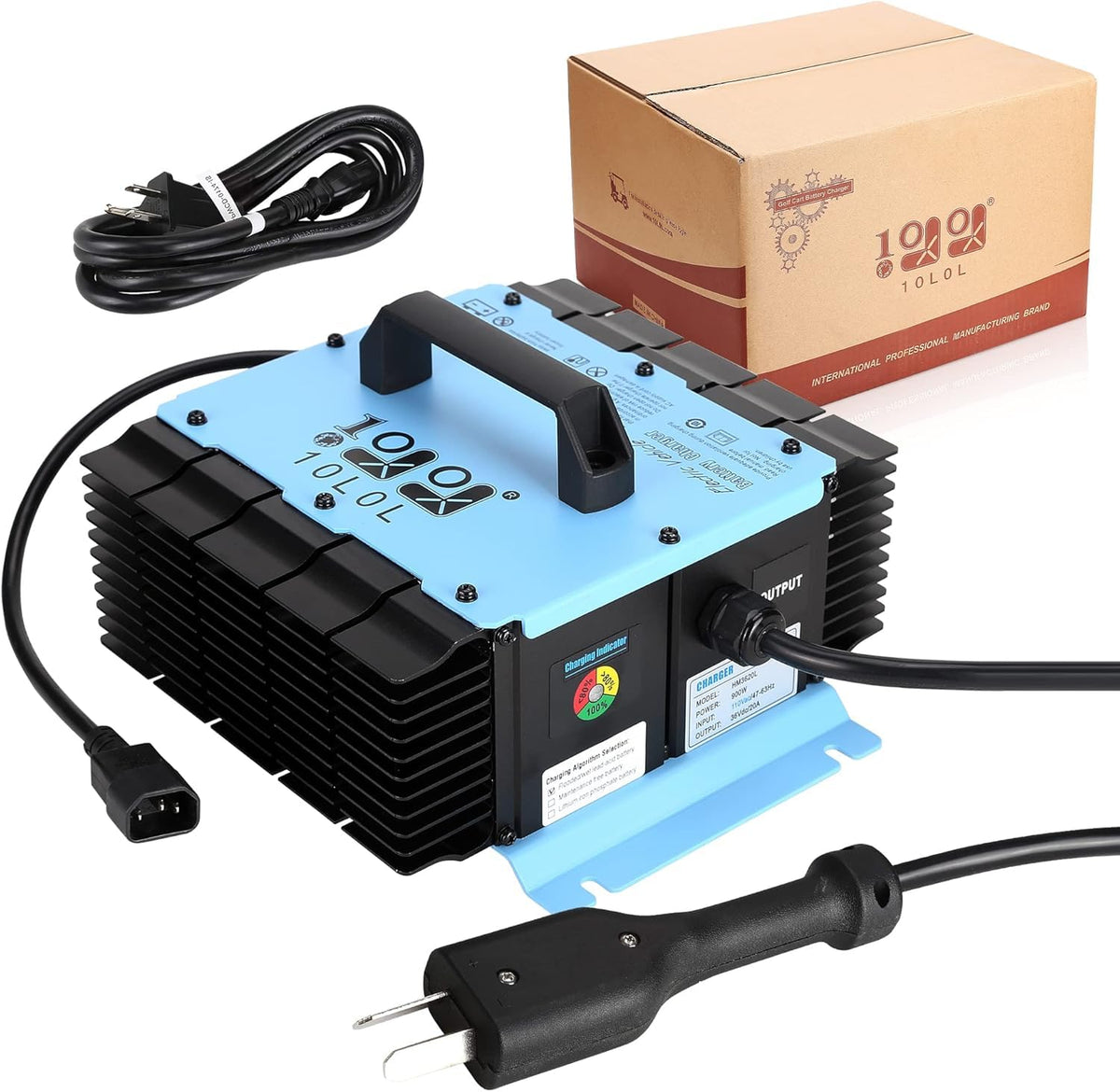 10L0L 36V charger crowfoot plug wired for quick connection to golf carts.