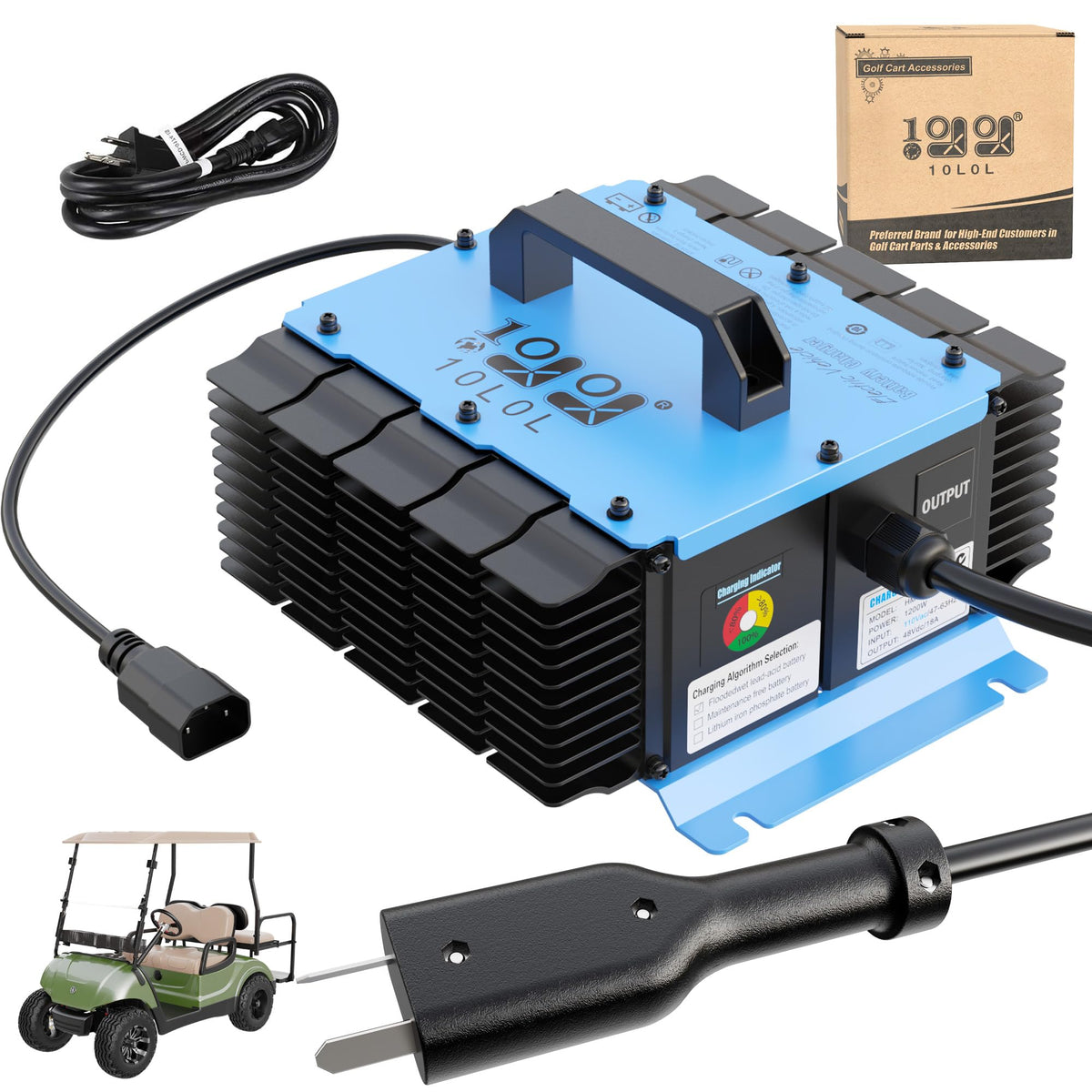 10L0L 36V golf cart charger front view with crowfoot plug for fast, reliable charging.