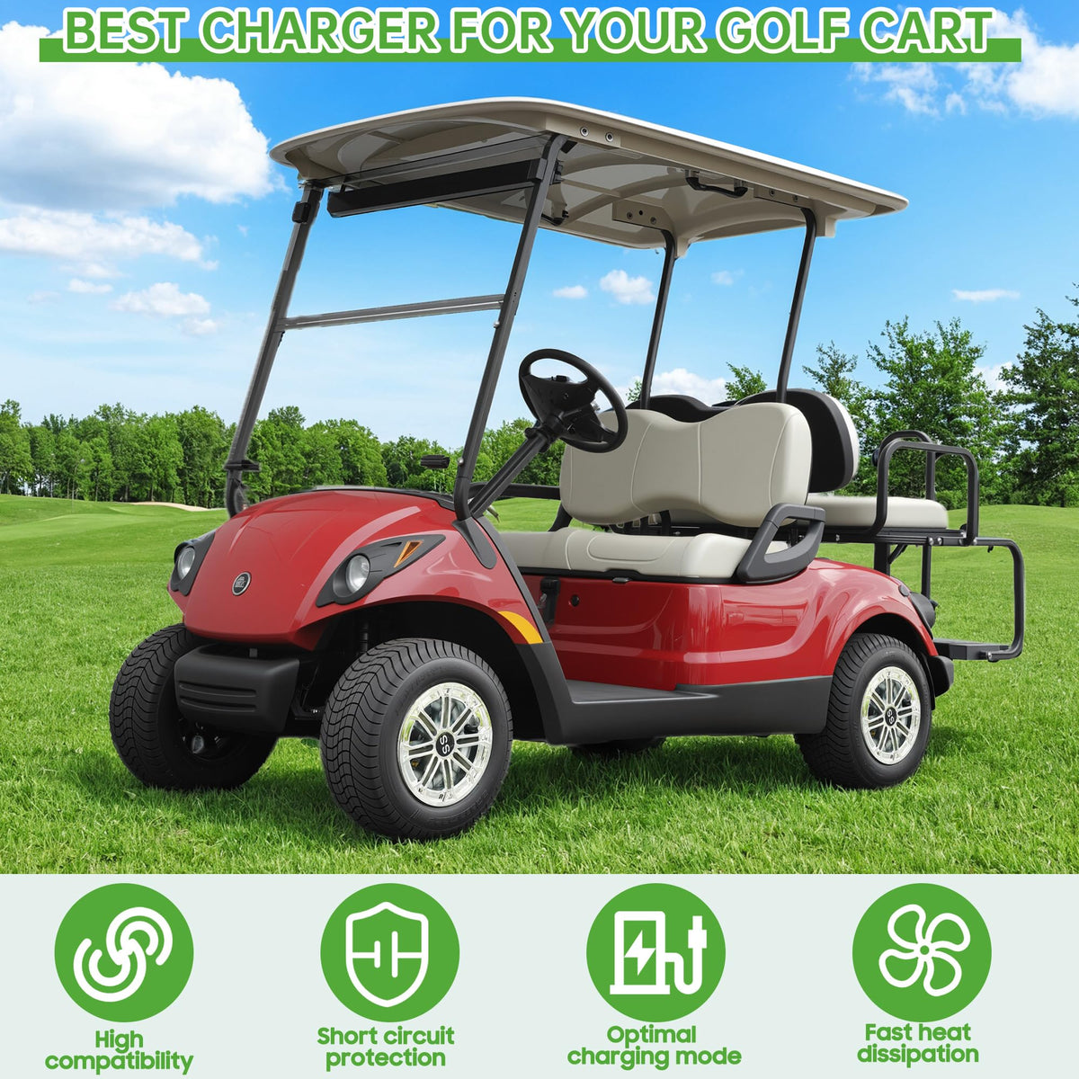 10L0L 36V charger in use with EZGO and Yamaha carts demonstrates convenient plug-in operation.