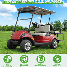 10L0L 36V charger in use with EZGO and Yamaha carts demonstrates convenient plug-in operation.