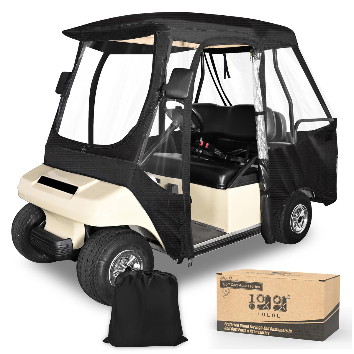10L0L 4-passenger enclosure for Club Car DS front view enhances weather protection and visibility