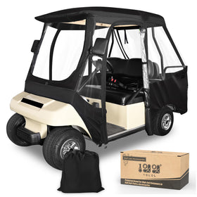10L0L 4-passenger enclosure for Club Car DS front view enhances weather protection and visibility