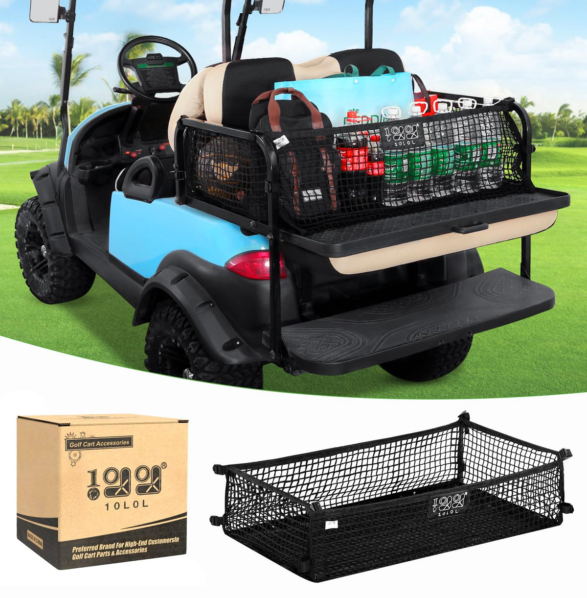 10L0L 4-passenger golf cart cargo net secures essentials on rides