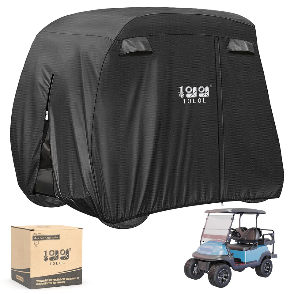 10L0L 4-passenger golf cart cover front view protects against dirt and weather.