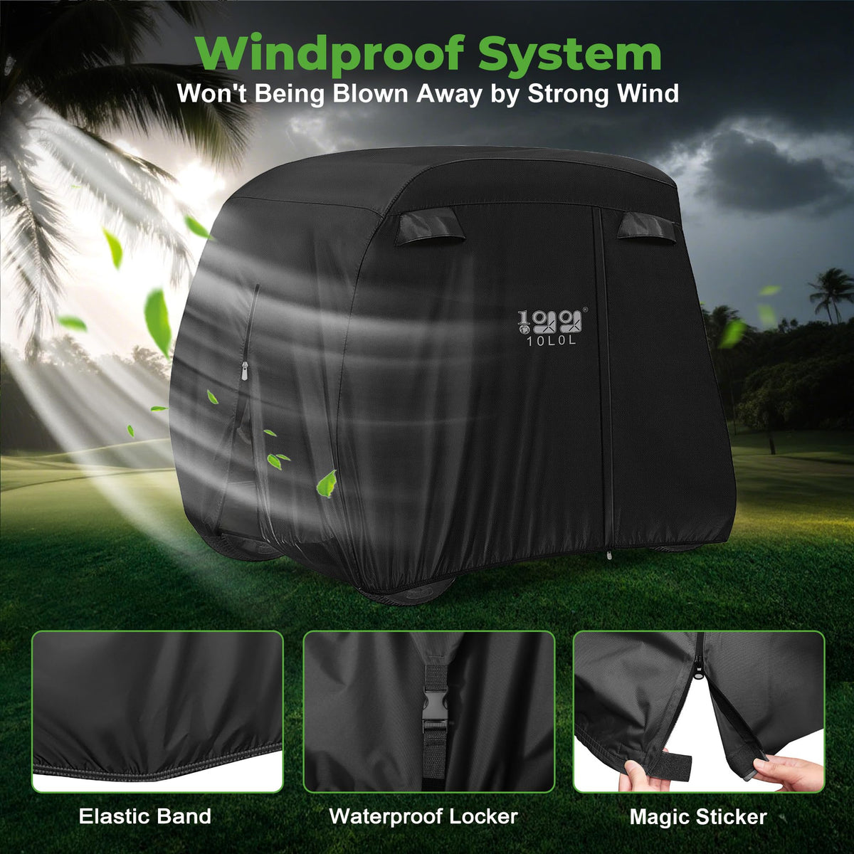 10L0L 4-passenger golf cart cover side view demonstrates full-body protection outdoors.