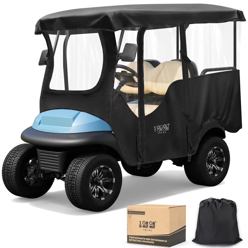 10L0L 4-passenger golf cart enclosure front view offering weather protection and clear visibility.