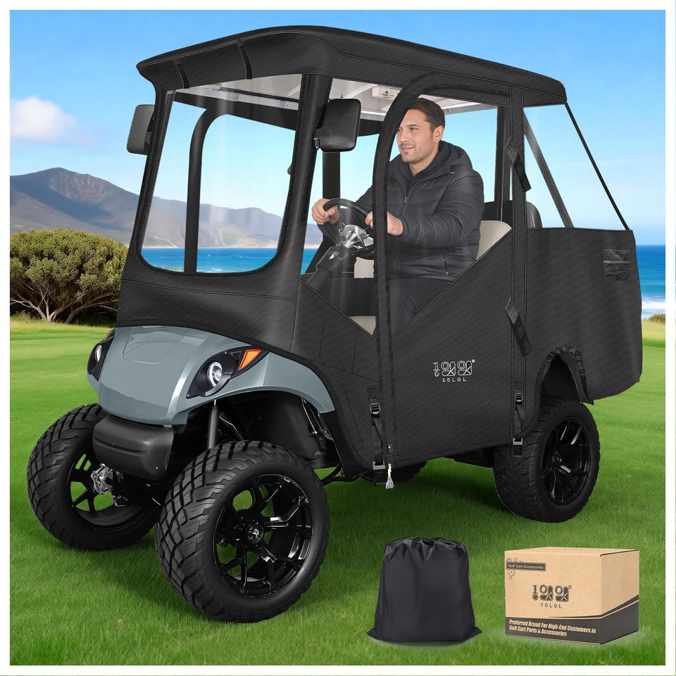 10L0L 4-person golf cart enclosure front view with weather protection