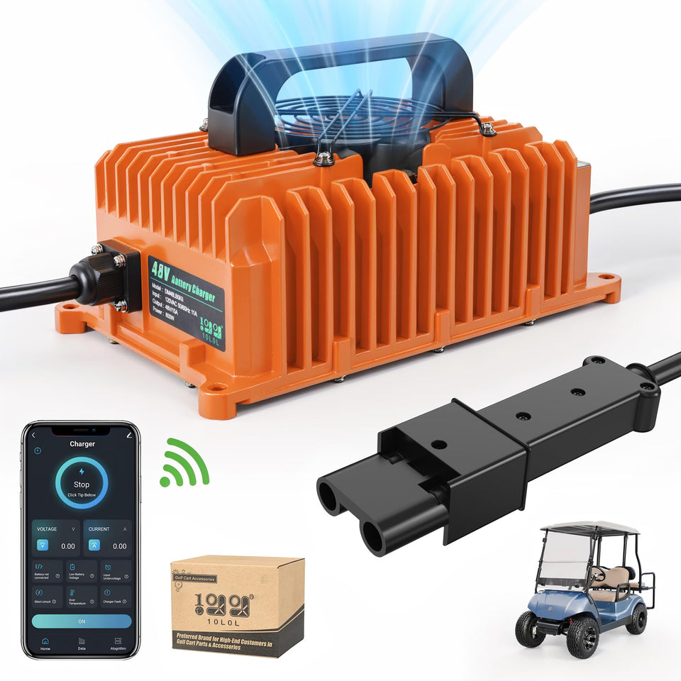 10L0L 48V 15A golf cart charger for Yamaha G19-G22 in use, showcasing robust build and charging