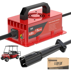 10L0L 48V golf cart charger connects to Yamaha G29 leaf-plug for reliable charging.