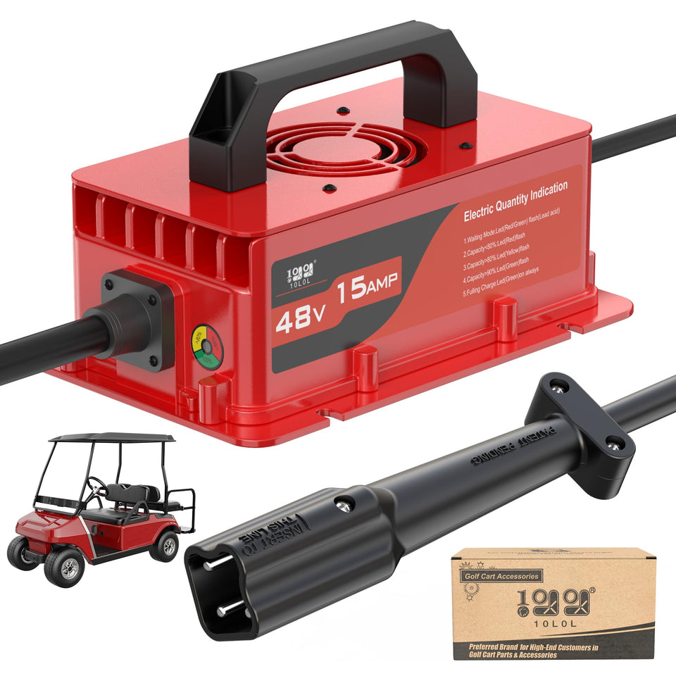10L0L 48V golf cart charger connects to Yamaha G29 leaf-plug for reliable charging.
