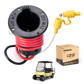 10L0L 48V charger receptacle close-up showing secure contact for Club Car DS charging.