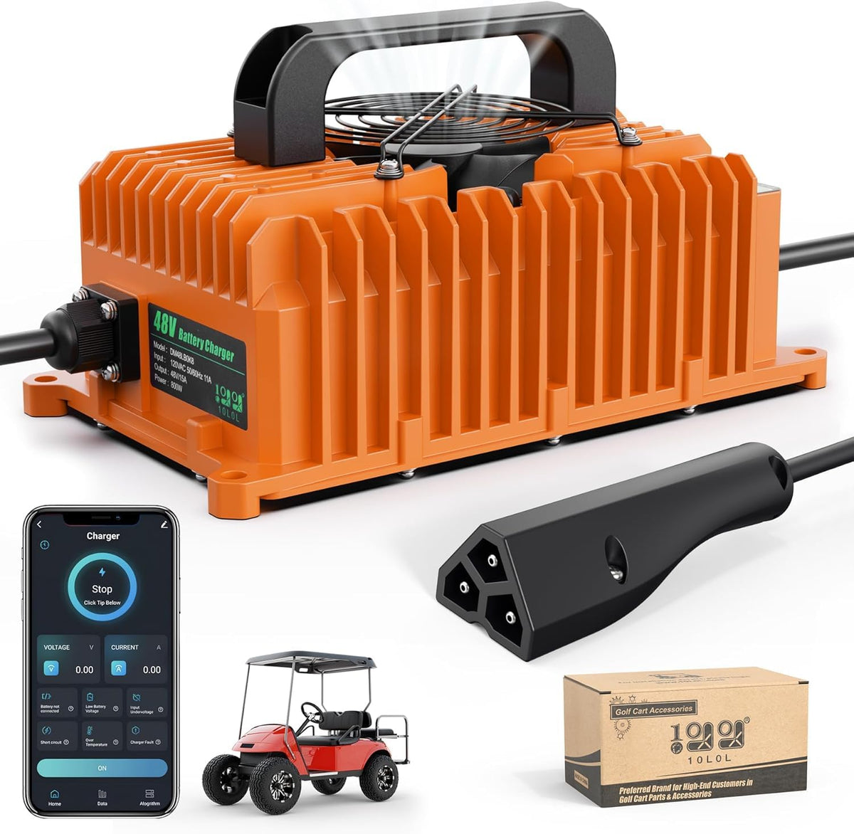 10L0L 48V EZGO TXT charger front view for easy direct-connect charging.