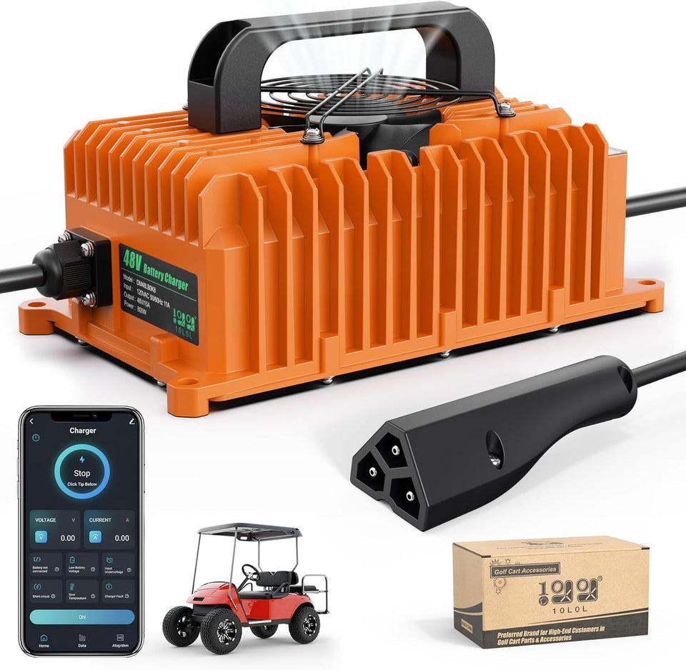 10L0L 48V EZGO TXT charger front view for easy direct-connect charging.