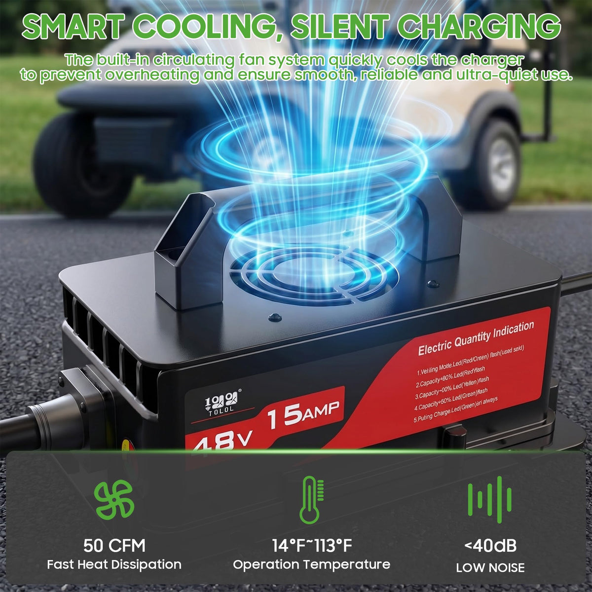 10L0L 48V golf cart charger being plugged in for quick setup