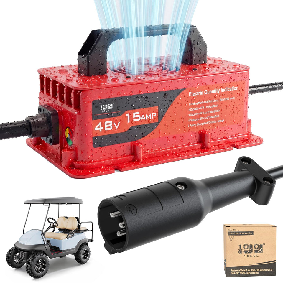 10L0L 48V golf cart charger ready to plug into Club Car DS for easy charging.