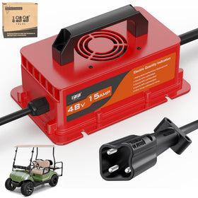 10L0L 48V golf cart charger front view shows the compact unit and plug ready for Yamaha G29.