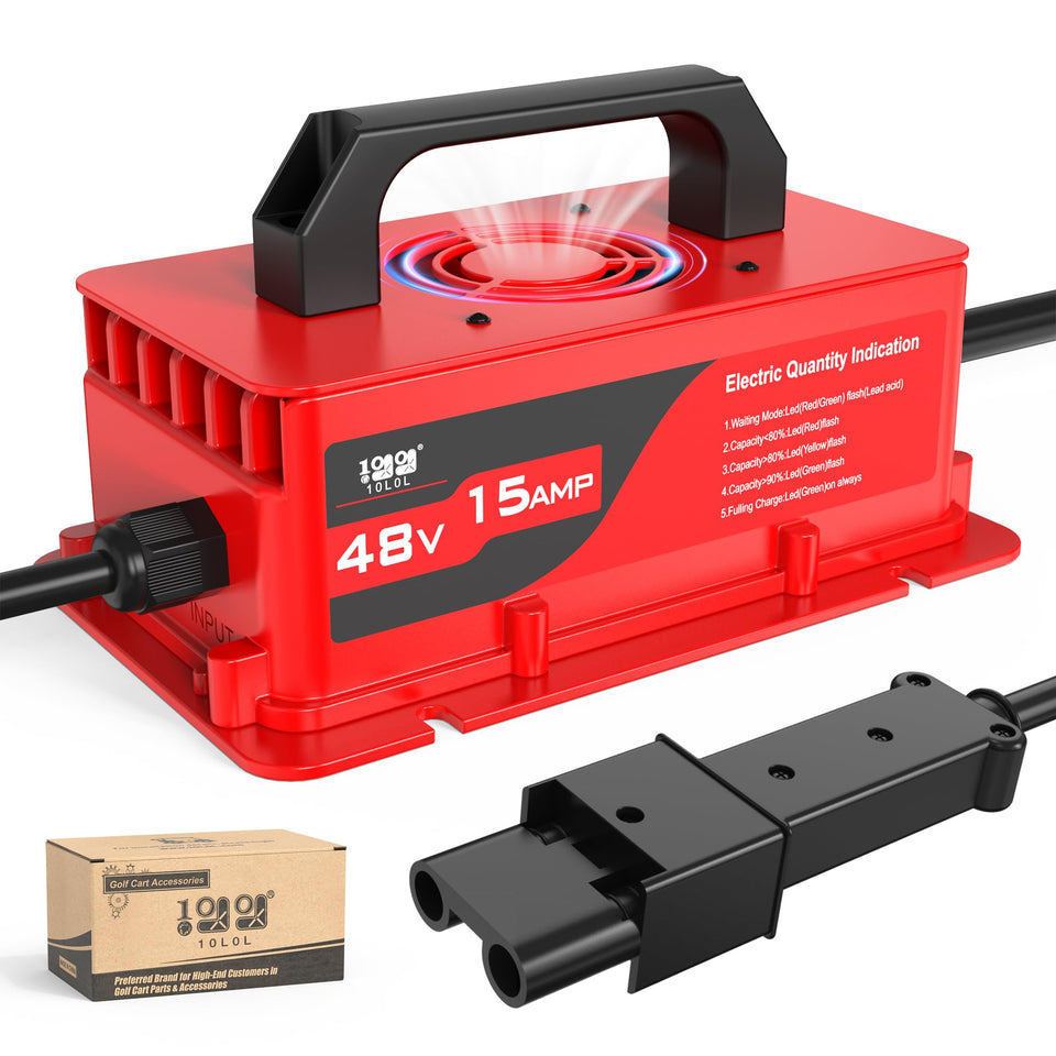 10L0L 48V golf cart charger front view showing compact plug-in design for Yamaha G19 G22